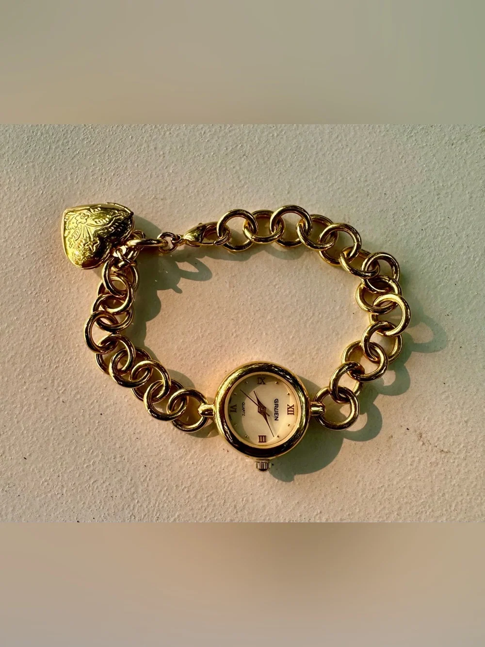 Gold-Tone Heart Charm Bracelet Watch - Unbranded